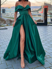 Off the Shoulder Emerald Green Satin ...